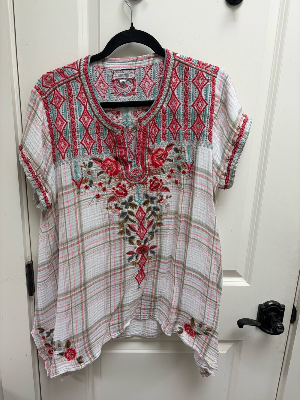 Johnny Was Embroidered Floral Plaid Short-Sleeve Top - White with Pink & Green
